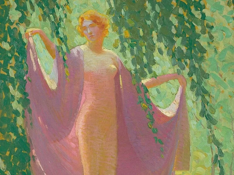 1887-Henry James Albright - Avvolta in un drappeggio, nuda in piedi sulla riva dell'acqua sotto un salice